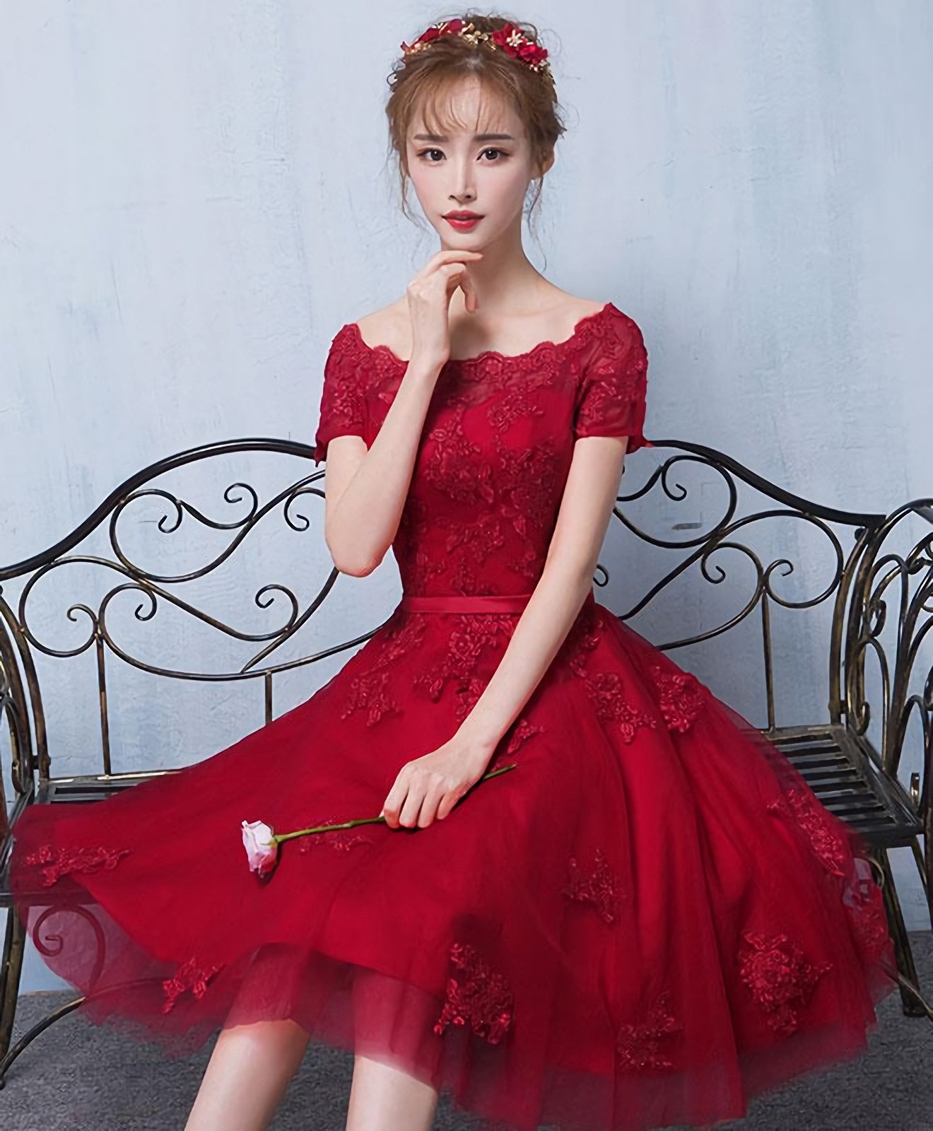 Cute Burgundy Lace Short Prom Dress, Homecoming Dress