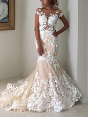 Mermaid Bateau Sweep Train Tulle Wedding Dresses For Black girls With Appliques Lace