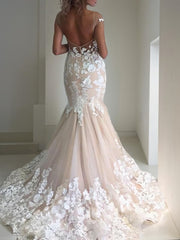 Mermaid Bateau Sweep Train Tulle Wedding Dresses For Black girls With Appliques Lace