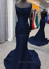 Trumpet Mermaid Cowl Neck Spaghetti Straps Sweep Train Jersey Prom Dress Outfits For Women With Pleated