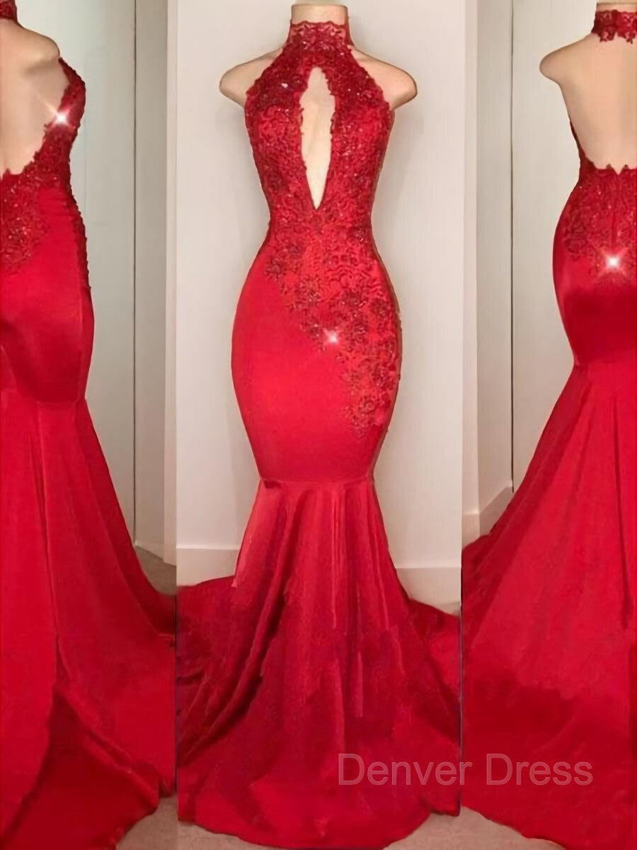 Mermaid Halter Sweep Train Charmeuse Prom Dresses For Black girls With Appliques Lace
