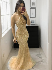 Mermaid Halter Sweep Train Tulle Prom Dresses For Black girls With Beading