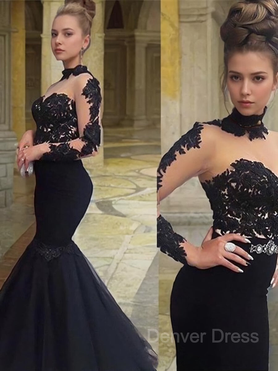 Mermaid High Neck Floor-Length Tulle Prom Dresses For Black girls With Appliques Lace