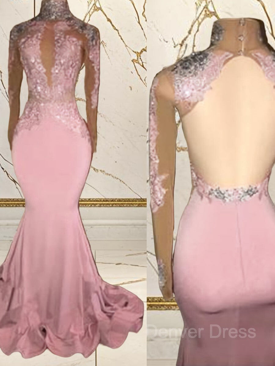 Mermaid High Neck Sweep Train Jersey Evening Dresses For Black girls With Appliques Lace