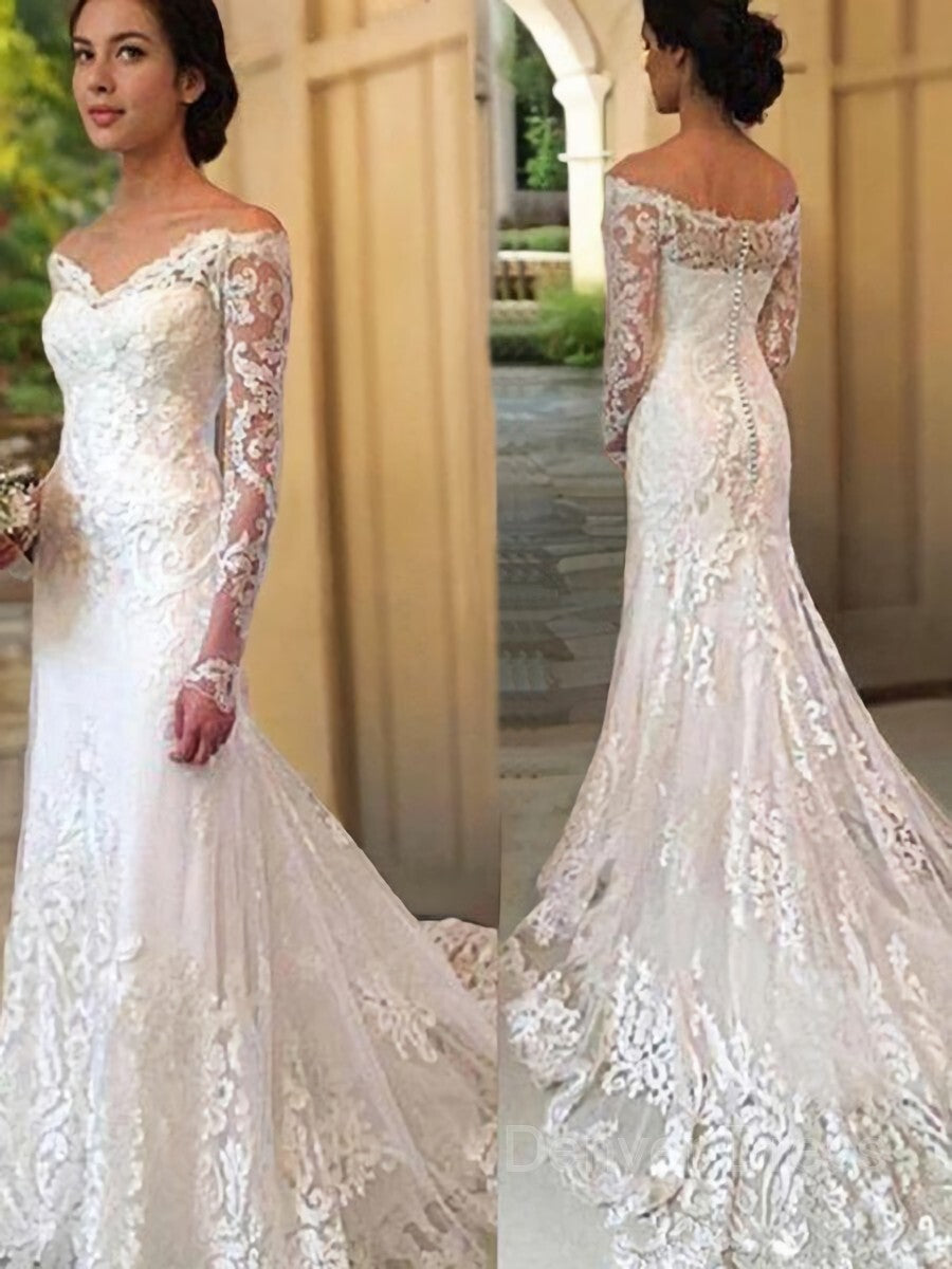 Mermaid Off-the-Shoulder Court Train Lace Wedding Dresses For Black girls With Appliques Lace