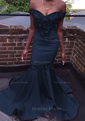Trumpet Mermaid Off The Shoulder Court Train Satin Prom Dress Outfits For Women With Beading Flowers