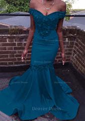 Trumpet Mermaid Off The Shoulder Court Train Satin Prom Dress Outfits For Women With Beading Flowers