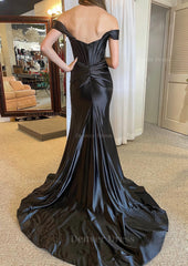 Trumpet Mermaid Off The Shoulder Regular Straps Court Train Silk Like Satin Prom Dress Outfits For Women With Pleated Split