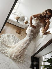 Mermaid Off-the-Shoulder Sweep Train Tulle Wedding Dresses For Black girls With Appliques Lace