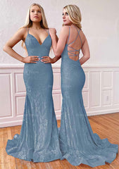 Trumpet Mermaid Sleeveless Sweep Train Lace Prom Dress Outfits For Women With Pleated