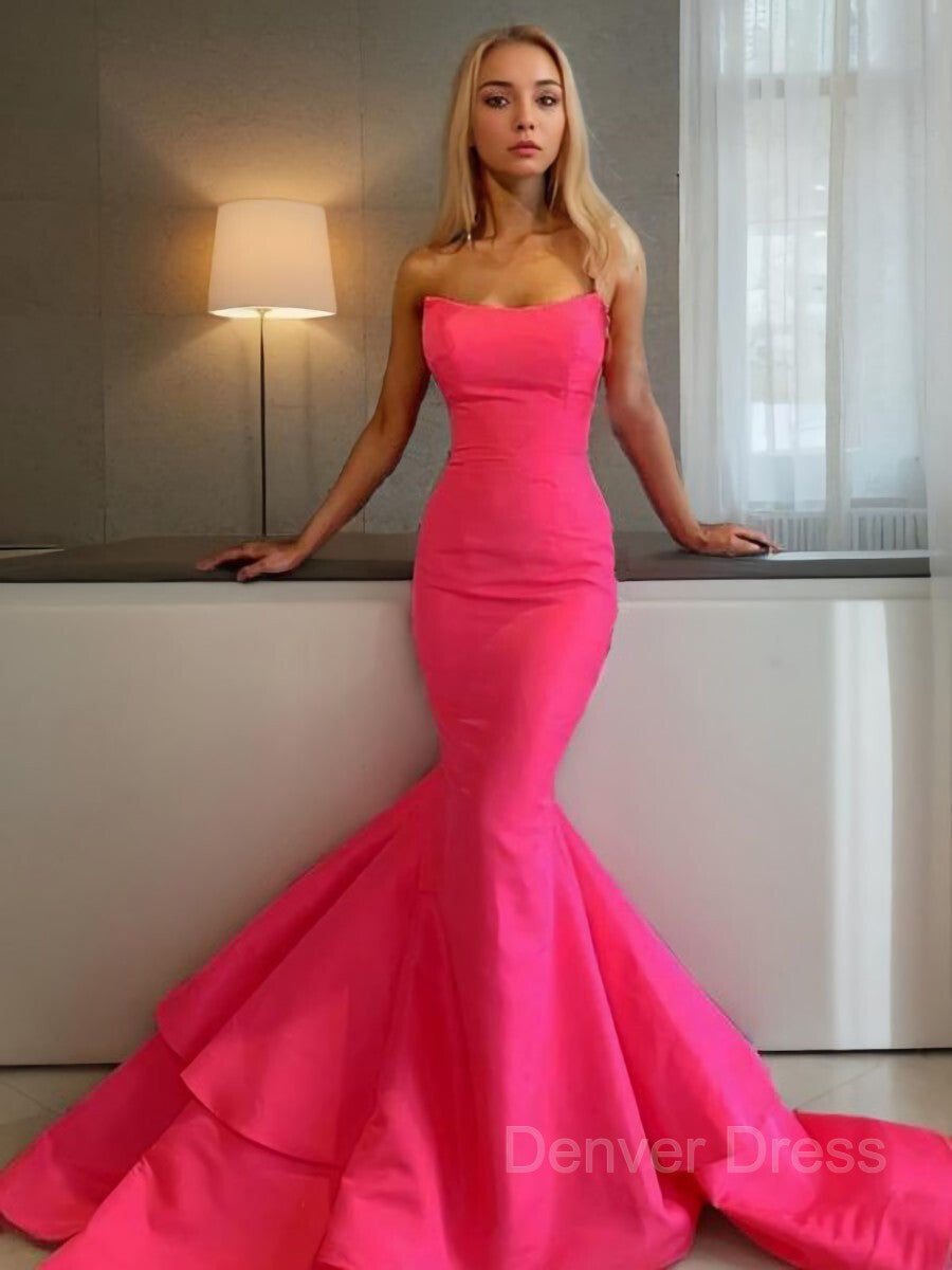 Mermaid Strapless Sweep Train Satin Prom Dresses For Black girls With Ruffles