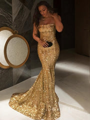 Mermaid Strapless Sweep Train Sequins Prom Dresses