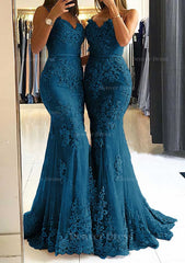 Trumpet Mermaid Sweetheart Sleeveless Long Floor Length Tulle Prom Dress Outfits For Women With Appliqued