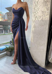 Trumpet Mermaid Sweetheart Strapless Court Train Satin Prom Dress Outfits For Women With Pleated Split