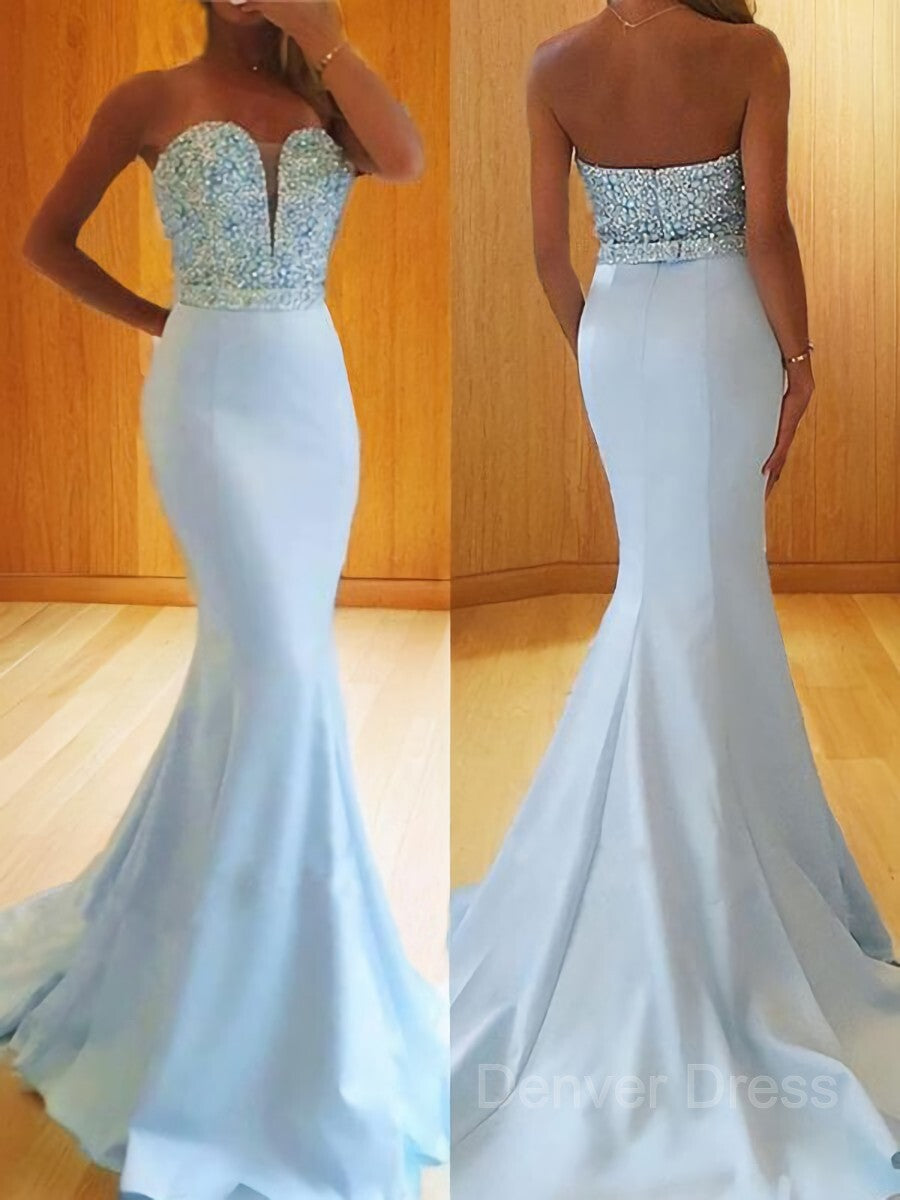 Mermaid Sweetheart Sweep Train Satin Prom Dresses For Black girls With Beading