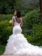 Mermaid V-neck Cathedral Train Tulle Wedding Dresses For Black girls With Beading