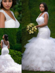 Mermaid V-neck Cathedral Train Tulle Wedding Dresses For Black girls With Beading
