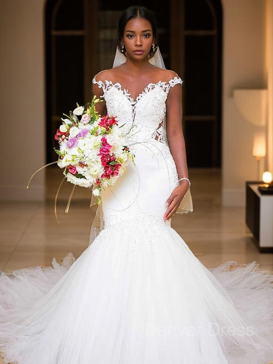 Mermaid V-neck Chapel Train Tulle Wedding Dresses For Black girls With Appliques Lace
