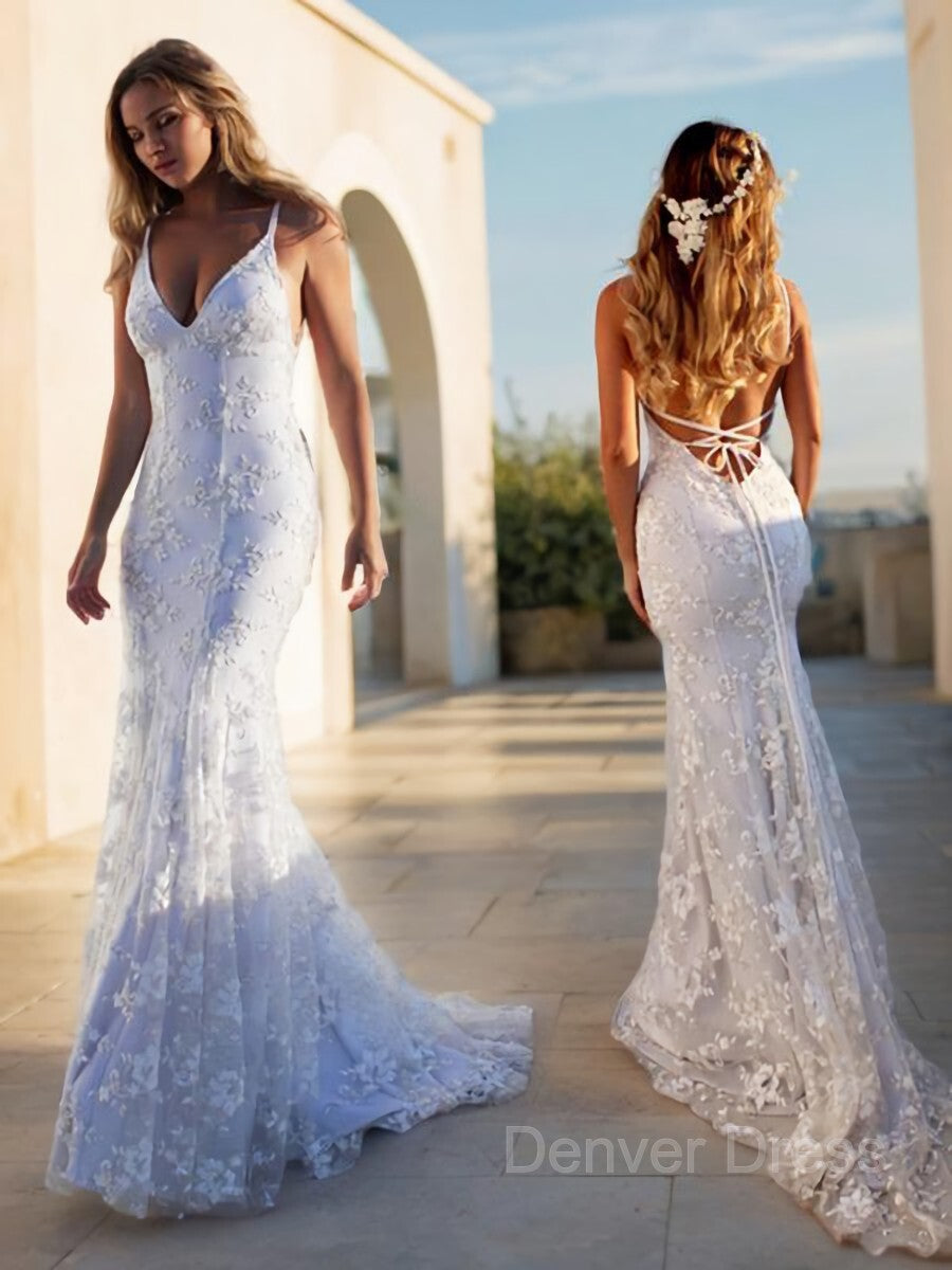 Mermaid V-neck Court Train Lace Wedding Dresses