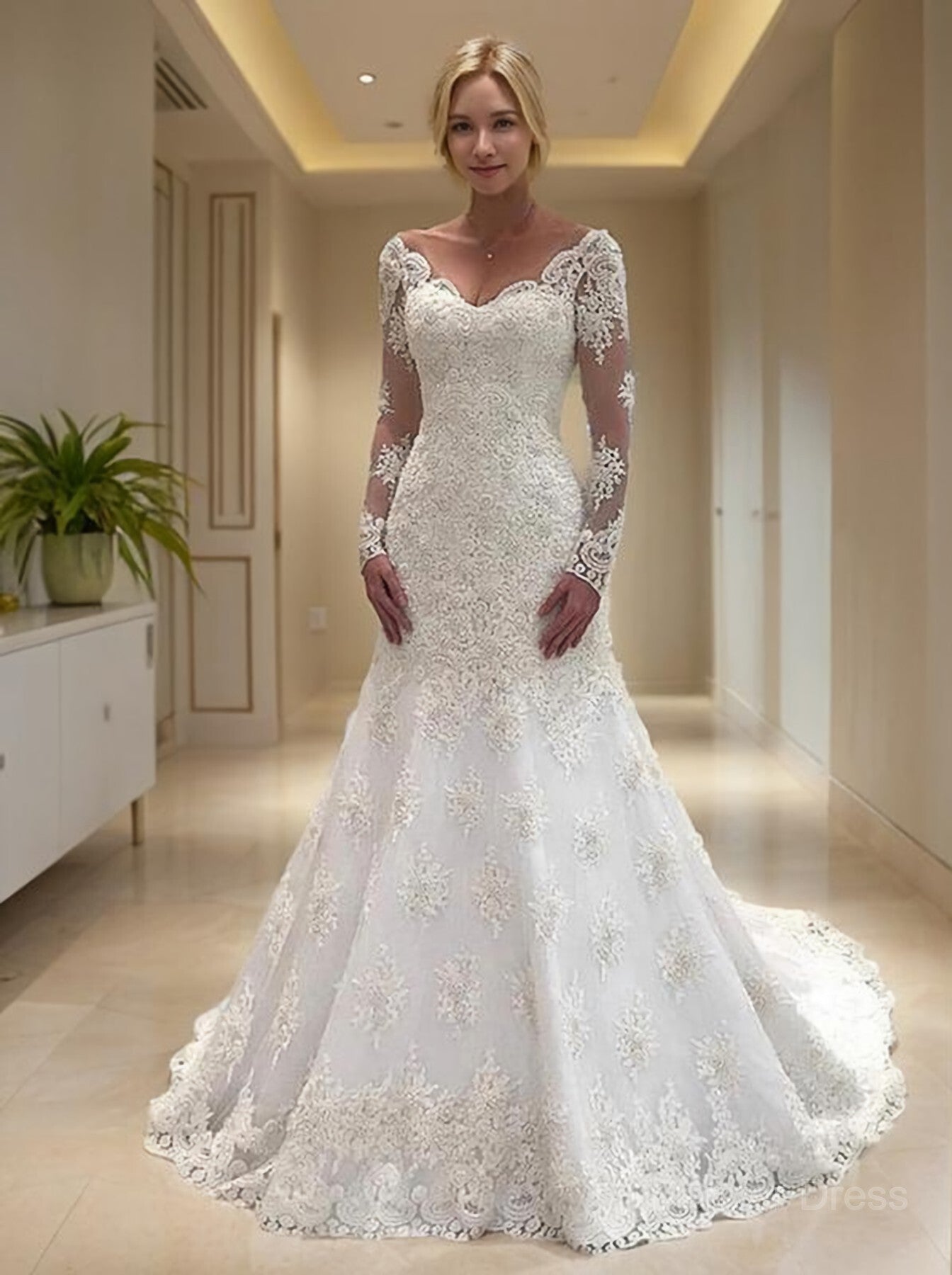 Mermaid V-neck Court Train Lace Wedding Dresses For Black girls With Appliques Lace
