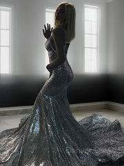 Mermaid V-neck Court Train Sequins Prom Dresses