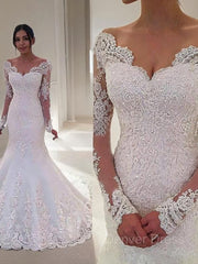 Mermaid V-neck Court Train Tulle Wedding Dresses For Black girls With Appliques Lace