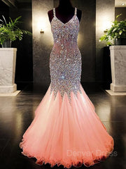 Mermaid V-neck Floor-Length Tulle Prom Dresses For Black girls With Rhinestone