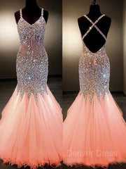 Mermaid V-neck Floor-Length Tulle Prom Dresses For Black girls With Rhinestone