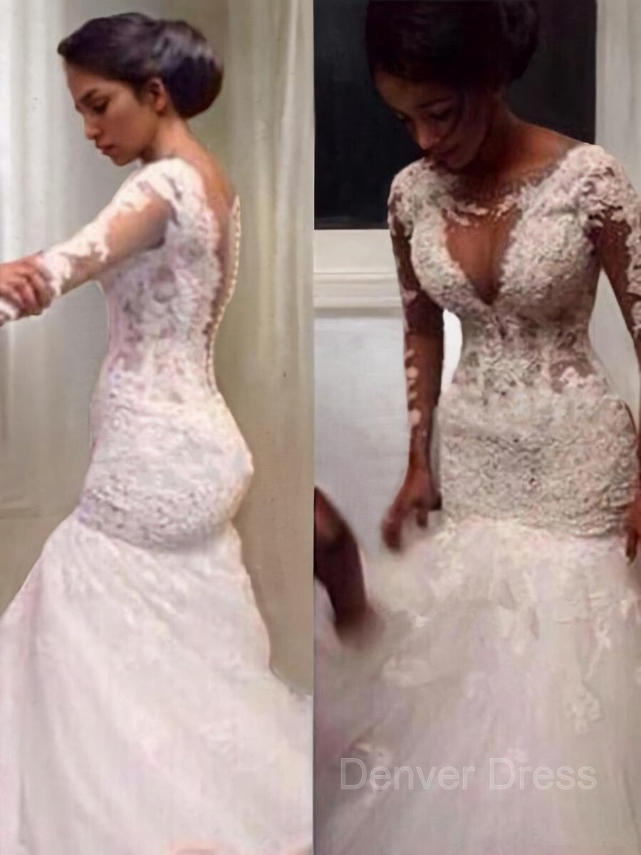 Mermaid V-neck Floor-Length Tulle Wedding Dresses For Black girls With Appliques Lace