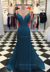 Trumpet Mermaid V Neck Sleeveless Court Train Lace Tulle Prom Dress