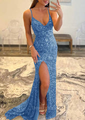 Trumpet Mermaid V Neck Sleeveless Sweep Train Allover Sparkly Sequined Prom Dress Outfits For Women With Split