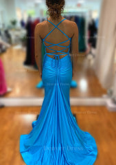 Trumpet Mermaid V Neck Sleeveless Sweep Train Jersey Prom Dress Outfits For Women With Pleated