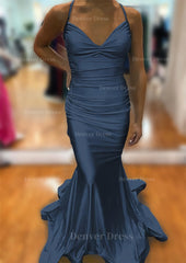 Trumpet Mermaid V Neck Sleeveless Sweep Train Jersey Prom Dress Outfits For Women With Pleated