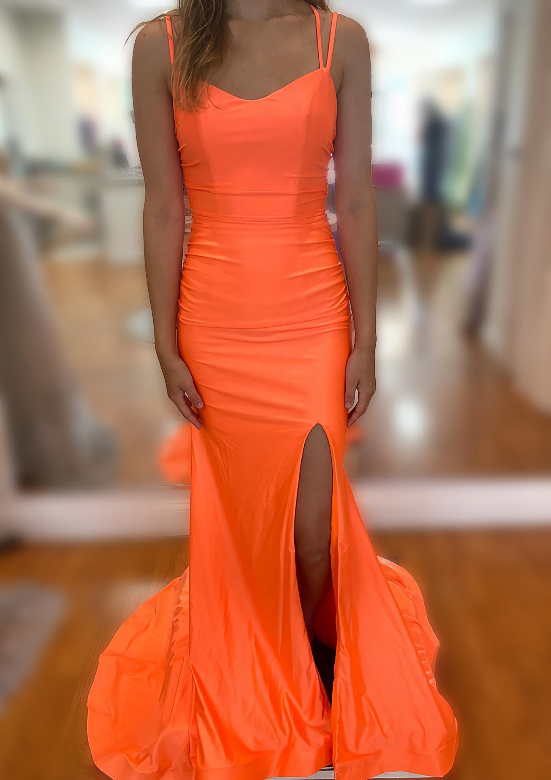 Trumpet Mermaid V Neck Sleeveless Sweep Train Jersey Prom Dress Outfits For Women With Split Pleated