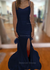 Trumpet Mermaid V Neck Sleeveless Sweep Train Jersey Prom Dress Outfits For Women With Split Pleated