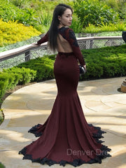 Mermaid V-neck Sweep Train Stretch Crepe Prom Dresses For Black girls With Appliques Lace
