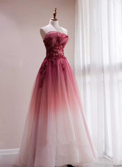 Tulle Gradient with Beaded Long Party Dress Outfits For Girls, A-line Gradient Prom Dress