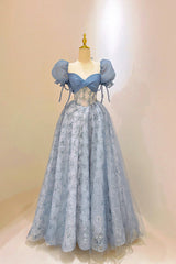 Tulle Lace Long Prom Dress Outfits For Girls, Blue Short Sleeve Evening Dress
