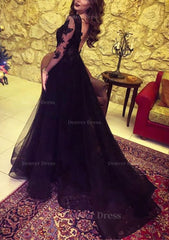 Tulle Long Floor Length A Line Princess Full Long Sleeve Sweetheart Zipper Prom Dress Outfits For Women With Appliqued