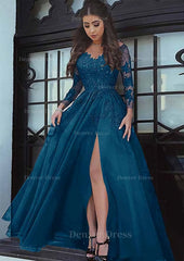 Tulle Long Floor Length A Line Princess Full Long Sleeve Sweetheart Zipper Prom Dress Outfits For Women With Appliqued