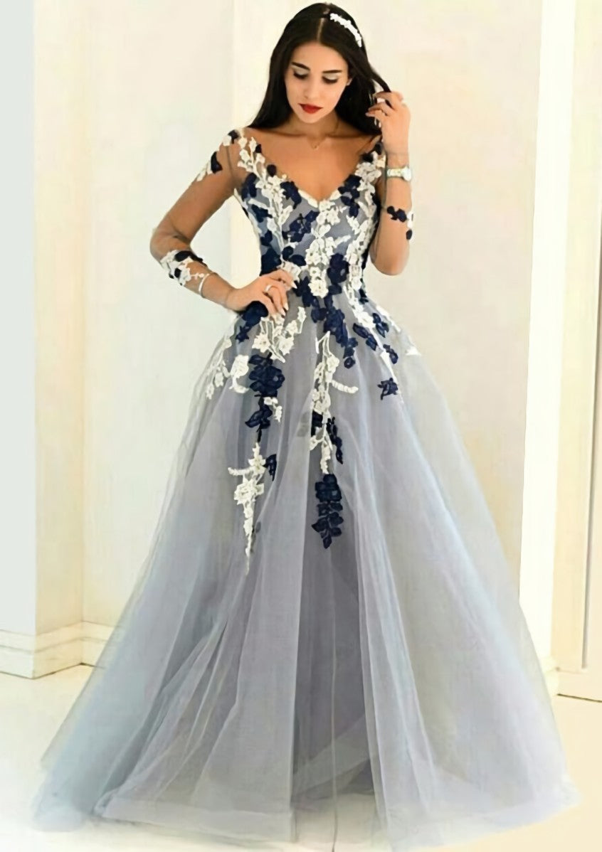 Tulle Long Floor Length A Line Princess Full Long Sleeve V Neck Zipper Evening Dress Outfits For Women With Appliqued