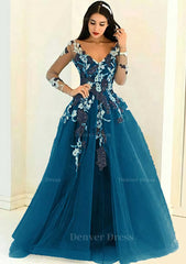 Tulle Long Floor Length A Line Princess Full Long Sleeve V Neck Zipper Evening Dress Outfits For Women With Appliqued