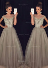 Tulle Long Floor Length A Line Princess Sleeveless Bateau Zipper Prom Dress Outfits For Women With Beaded
