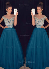 Tulle Long Floor Length A Line Princess Sleeveless Bateau Zipper Prom Dress Outfits For Women With Beaded