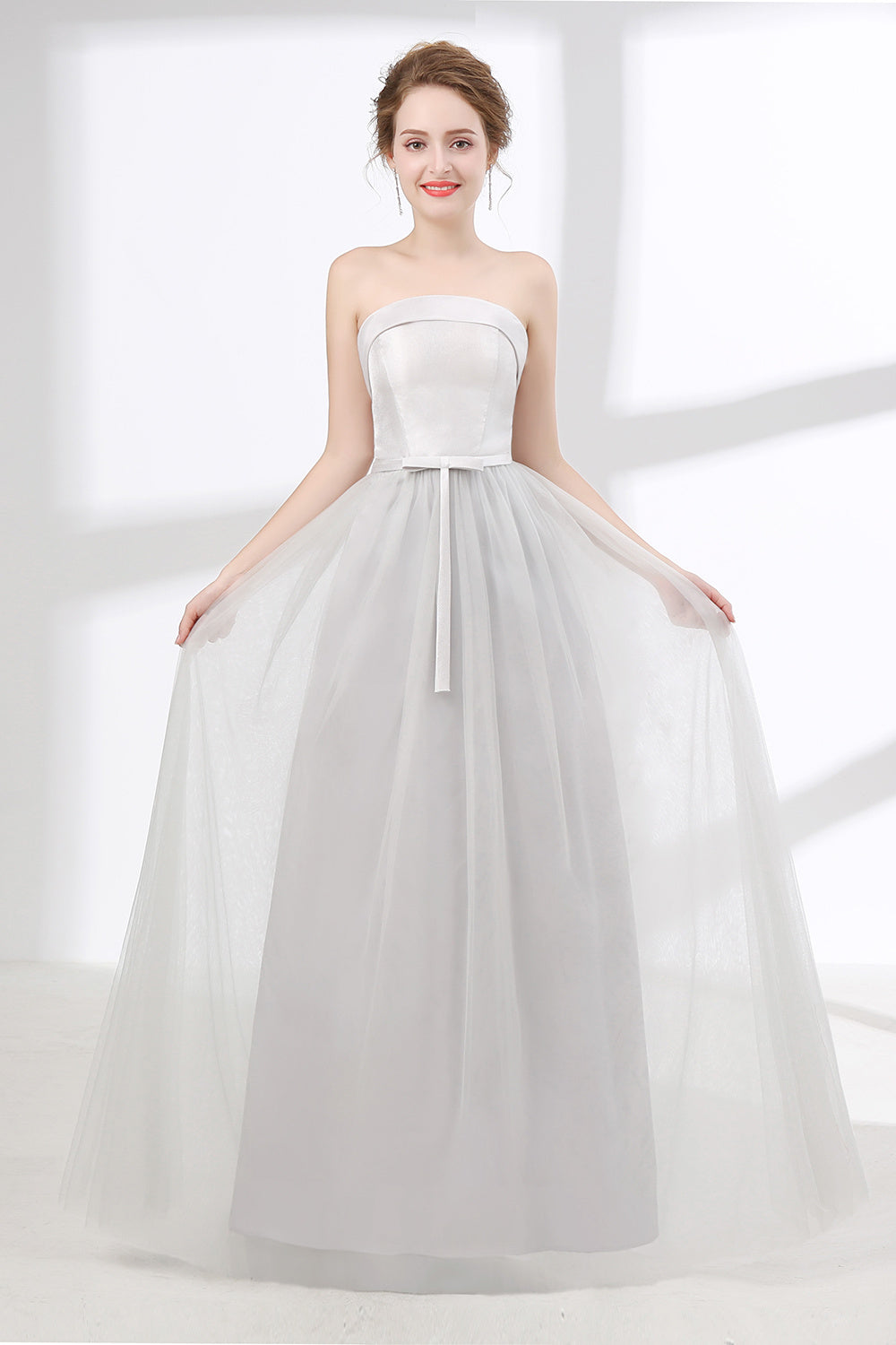 Tulle & Satin Strapless Neckline A-line Bridesmaid Dresses With Bowknot
