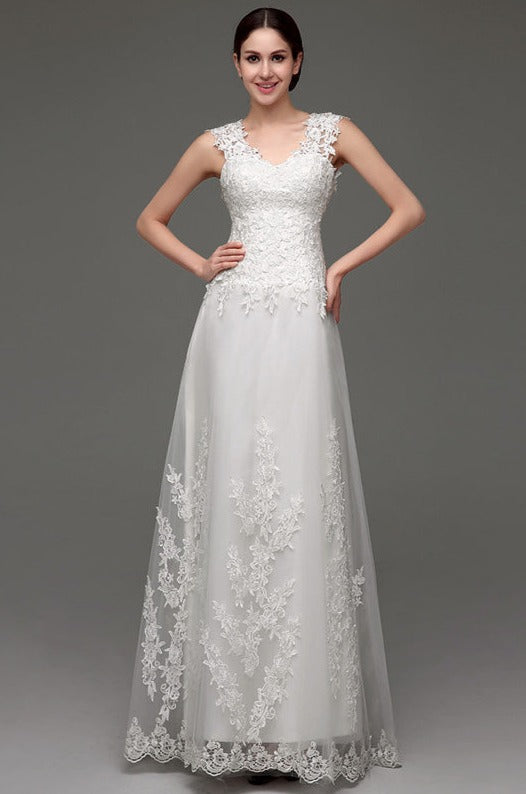 Tulle V-neck Illusion Back Wedding Dresses With Lace Bodice