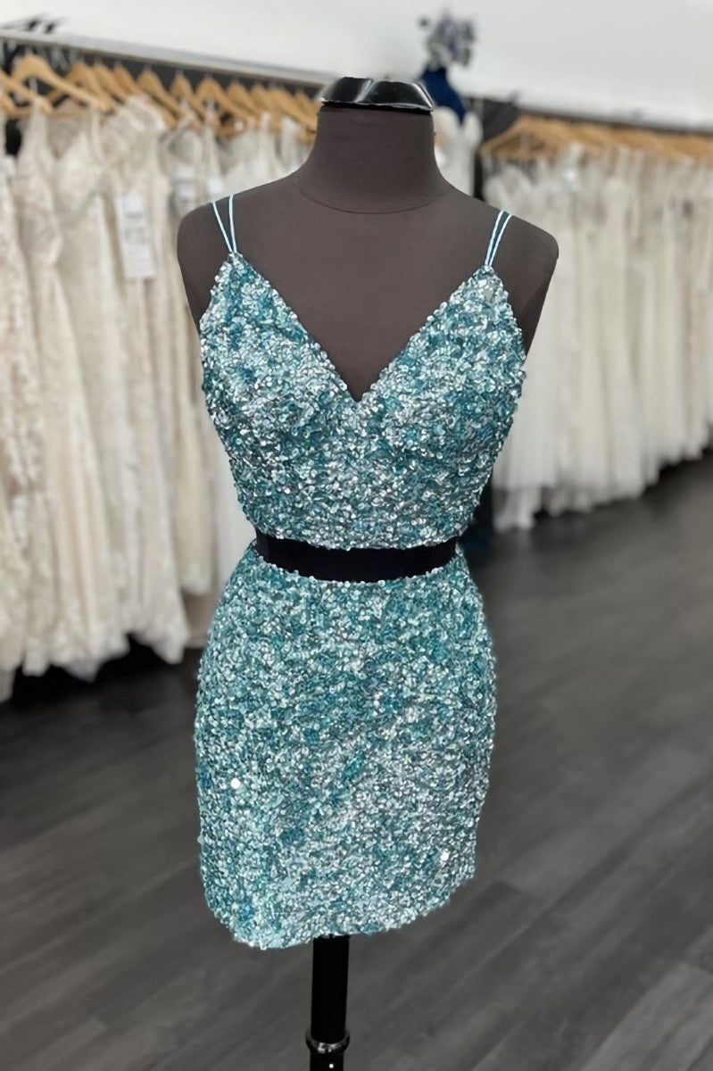 Two Piece Blue Sequins Tight Homecoming Dresses For Black girls For Women,Sparkly Cocktail Party Dress