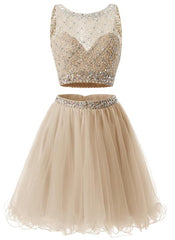 Two Piece Champagne Beaded Tulle Homecoming Dress Outfits For Girls, Short Prom Dress Outfits For Women Party Dress