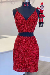 Two Piece Red Sequined Homecoming Dress Outfits For Girls, V-neck Tight Party Dress Outfits For Girls,Short Prom Dresses