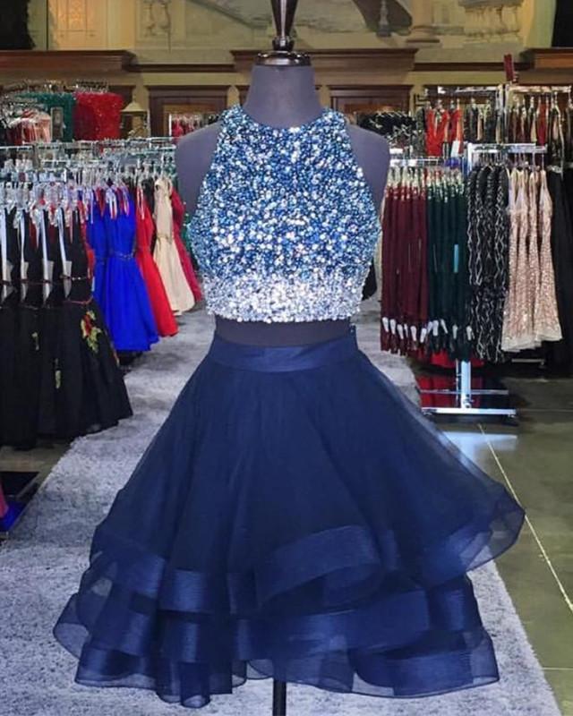 Two Piece Ruffles Ball Gown Homecoming Dresses For Black girls For Women,Navy Blue Semi Formal Dress